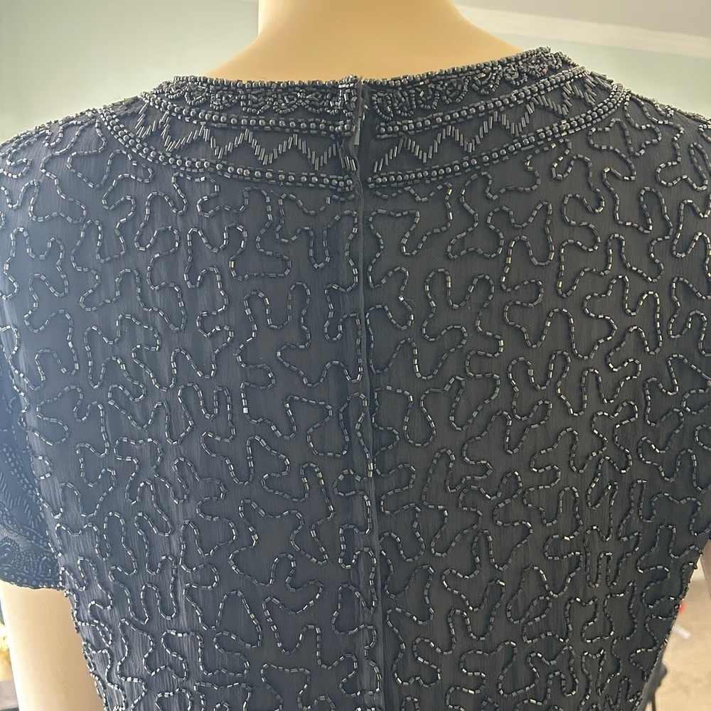 Vintage 80s Cote d'Azur Black Beaded Silk Evening Blouse Sweetheart Top L - Picture 8 of 10